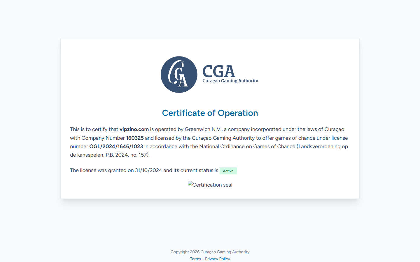 CGA certificate page for vipzino.com