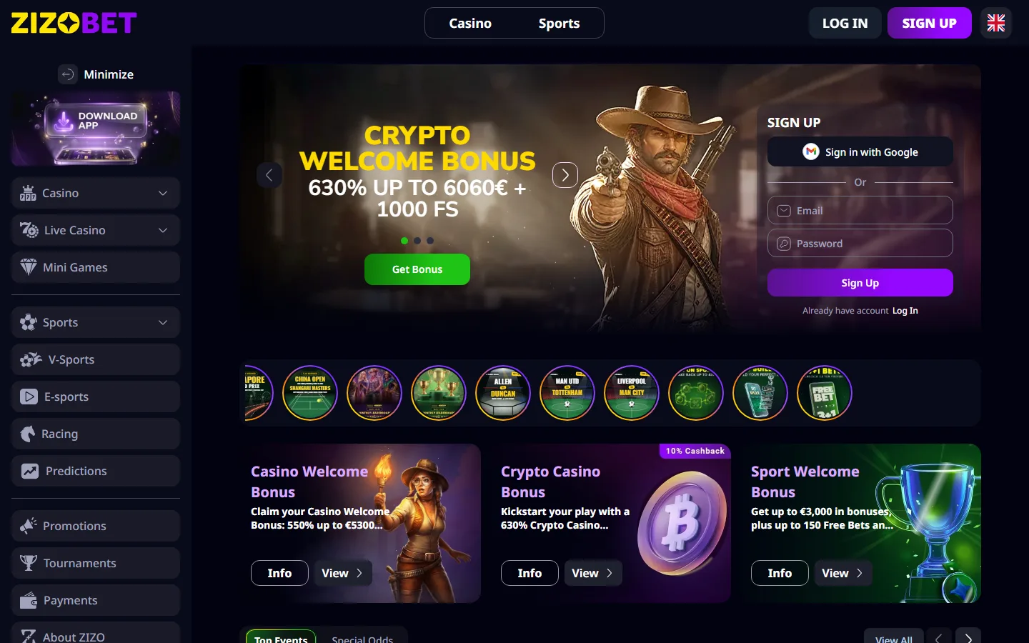 Zizobet main page as captured